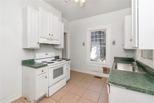 kitchen featuring light tile patterned flooring, white electric stove, sink, and white cabinets