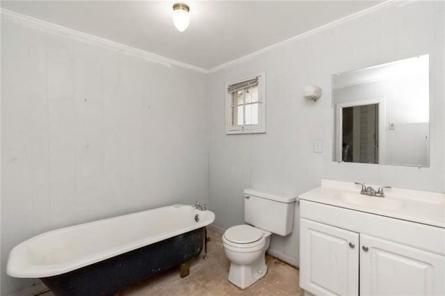 bathroom with vanity, a bath, ornamental molding, and toilet