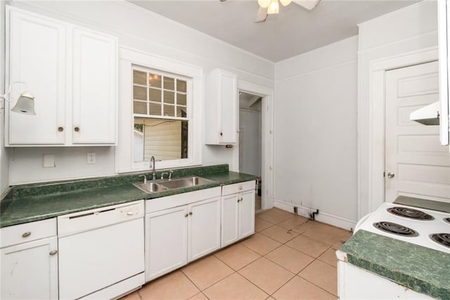 kitchen featuring sink, light tile patterned flooring, white cabinetry, white appliances, and ceiling fan