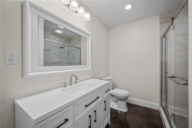 17126 Sugar Loop, Foley, AL 36535 - full bathroom featuring a stall shower, vanity, finished concrete flooring, toilet, and recessed lighting