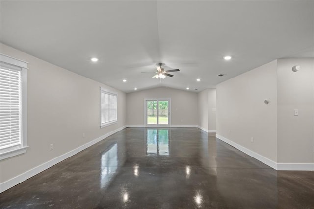 17126 Sugar Loop, Foley, AL 36535 - spare room with concrete flooring, ceiling fan, lofted ceiling, baseboards, and recessed lighting