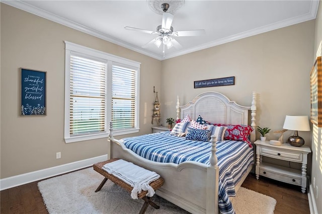 bedroom with dark wood-type flooring, ceiling fan, and ornamental molding