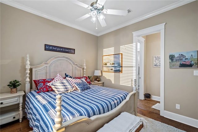 bedroom with ceiling fan, ornamental molding, and dark hardwood / wood-style flooring