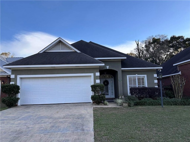 ranch-style home with a front lawn and a garage