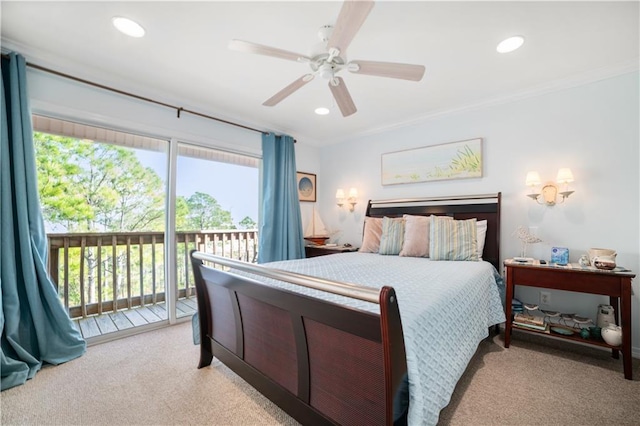 bedroom featuring ceiling fan, access to exterior, crown molding, and light colored carpet