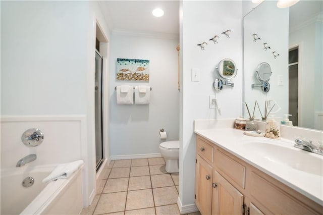 full bathroom with toilet, plus walk in shower, tile patterned floors, crown molding, and vanity