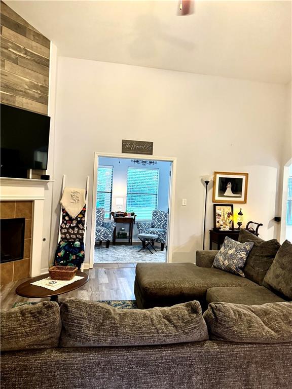 living room with a fireplace, wood-type flooring, and vaulted ceiling