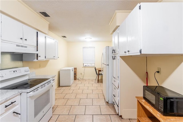 kitchen with ventilation hood, a textured ceiling, white appliances, and white cabinets