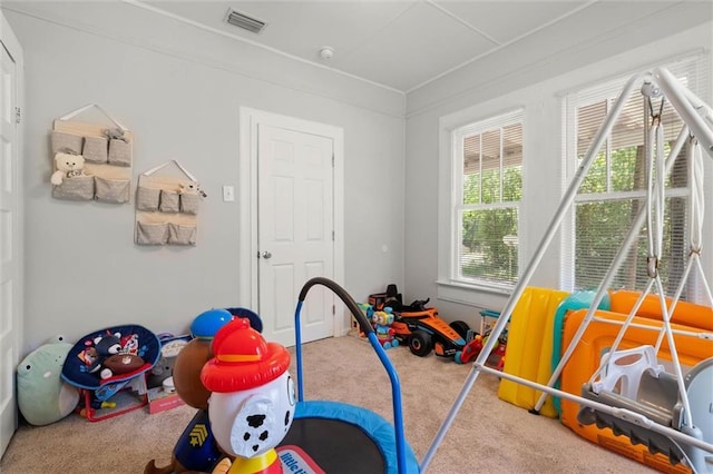 recreation room with carpet and visible vents