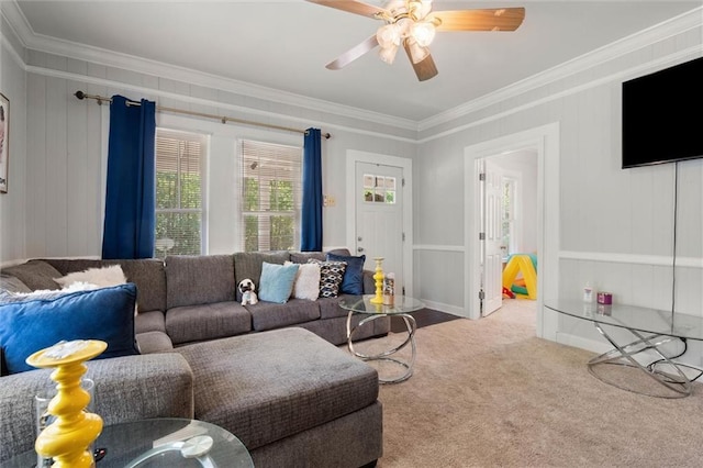 living room featuring ceiling fan, carpet floors, and ornamental molding
