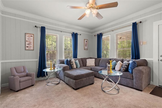 carpeted living area featuring a ceiling fan and ornamental molding