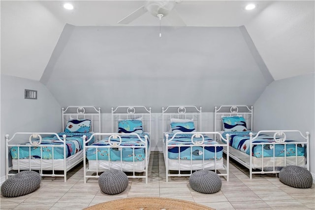 bedroom featuring vaulted ceiling and a ceiling fan