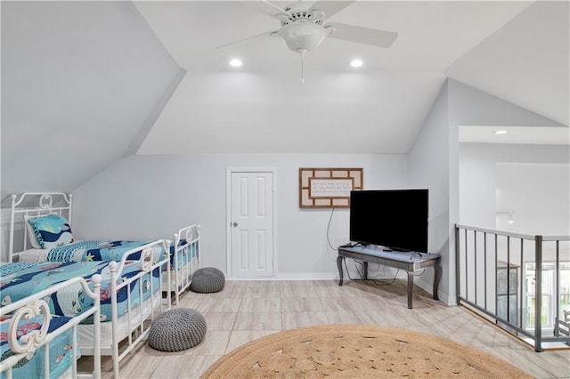 bedroom with lofted ceiling, recessed lighting, baseboards, and ceiling fan