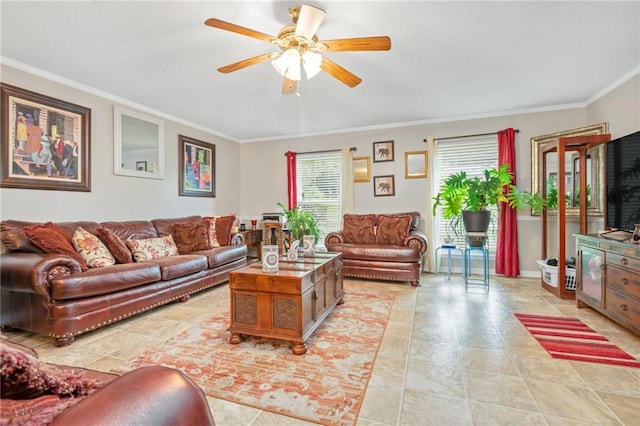 living room featuring light tile patterned floors, crown molding, and ceiling fan