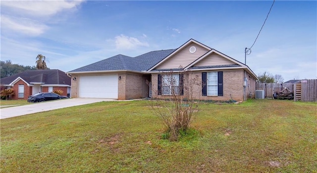 single story home with a garage, brick siding, fence, driveway, and a front lawn