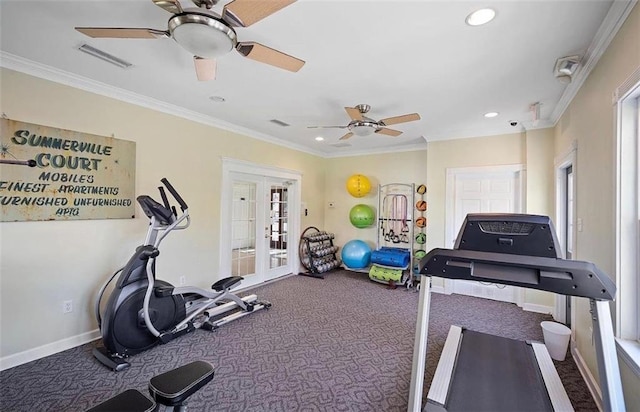 exercise area with crown molding, french doors, and carpet floors