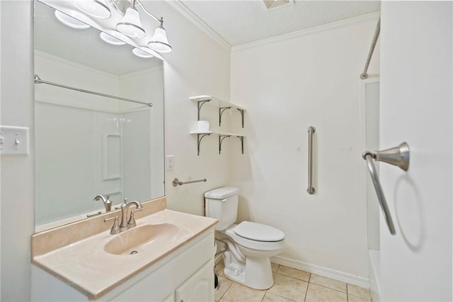 full bathroom featuring a chandelier, toilet, vanity, ornamental molding, and tile patterned floors