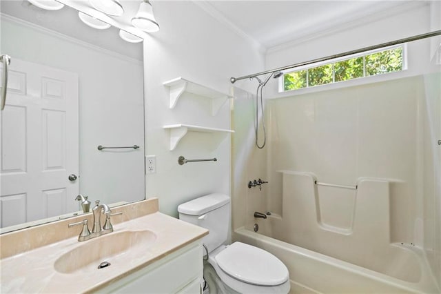 full bathroom featuring bathing tub / shower combination, toilet, vanity, and ornamental molding