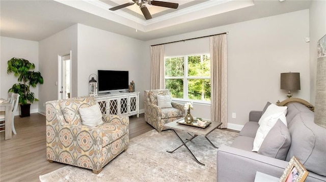 10676 Relic Rd N, Mobile, AL 36608 - living area featuring light wood-type flooring, a tray ceiling, ceiling fan, baseboards, and ornamental molding
