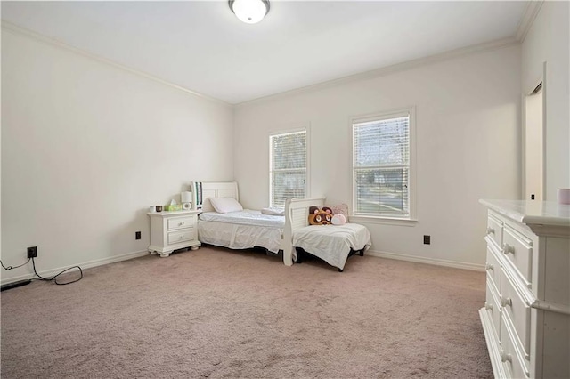 bedroom with light carpet, baseboards, and ornamental molding