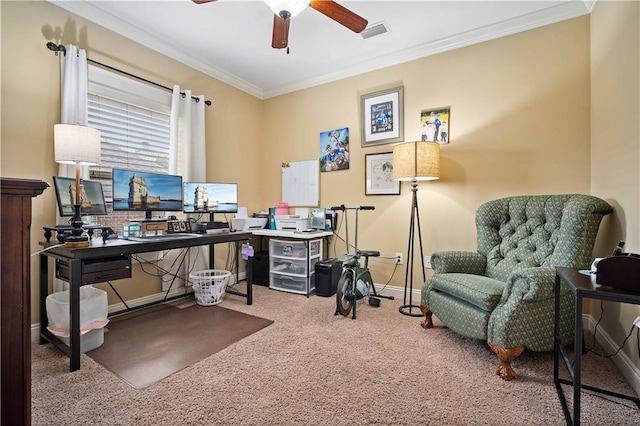 office space featuring carpet floors, ceiling fan, baseboards, visible vents, and crown molding