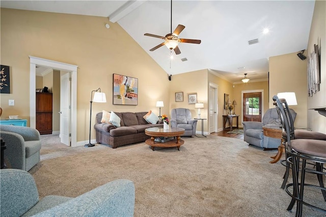 carpeted living area with ceiling fan, baseboards, visible vents, beam ceiling, and high vaulted ceiling