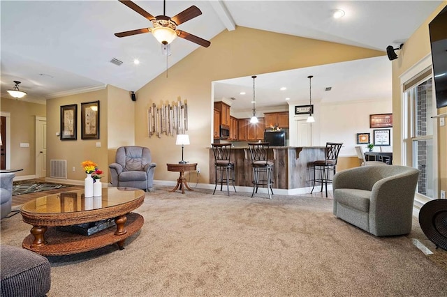 living area featuring beam ceiling, ceiling fan, recessed lighting, and baseboards