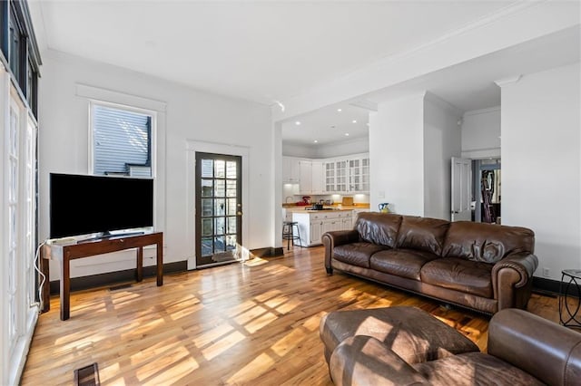 living room with light hardwood / wood-style flooring and crown molding