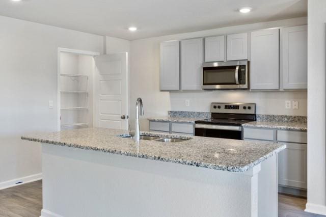 kitchen with light stone countertops, appliances with stainless steel finishes, a kitchen island with sink, and sink