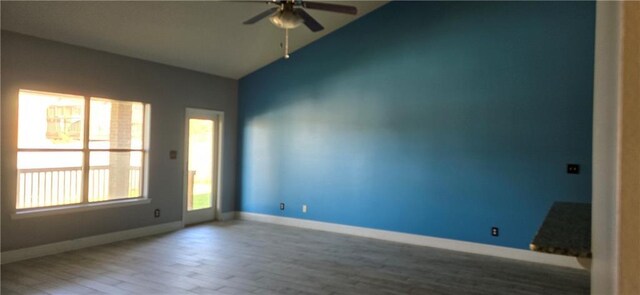 2509 Hedgerow Dr, Mobile, AL 36695 - unfurnished room with baseboards, vaulted ceiling, wood finished floors, and ceiling fan