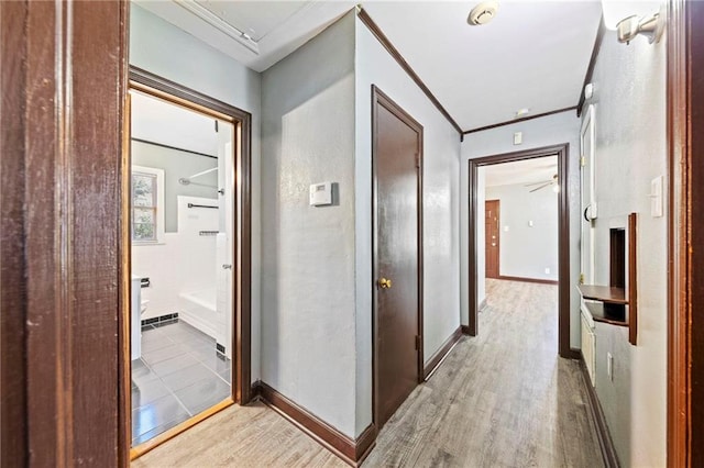 hall featuring crown molding and light hardwood / wood-style flooring