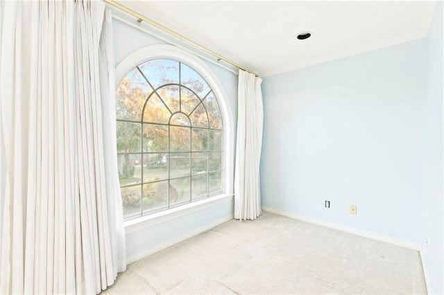 unfurnished room featuring plenty of natural light, crown molding, and light carpet