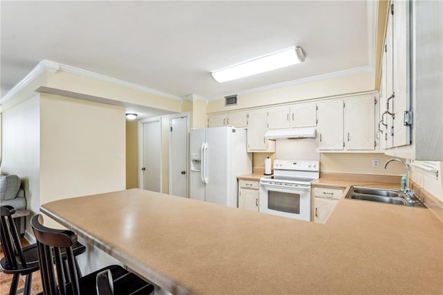 kitchen featuring white cabinetry, ornamental molding, sink, and white appliances