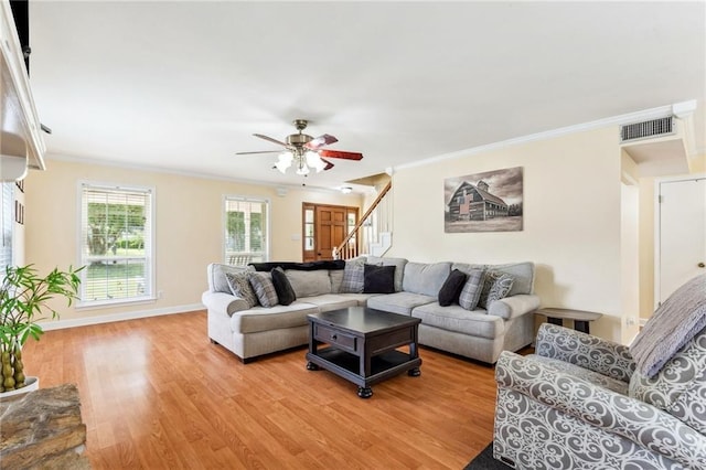 living room featuring ornamental molding, ceiling fan, and light wood-type flooring