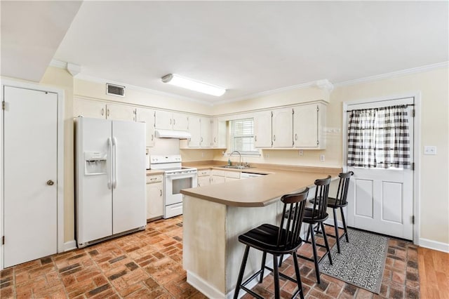 kitchen featuring white cabinetry, sink, crown molding, and white appliances