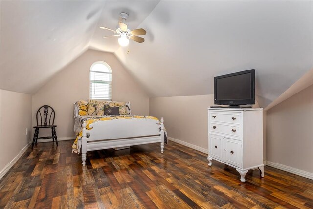 2354 Island Shores Dr, Dauphin Island, AL 36528 - bedroom with lofted ceiling, a ceiling fan, baseboards, and dark wood finished floors