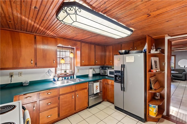 kitchen with sink, stainless steel appliances, wooden ceiling, and light tile patterned floors