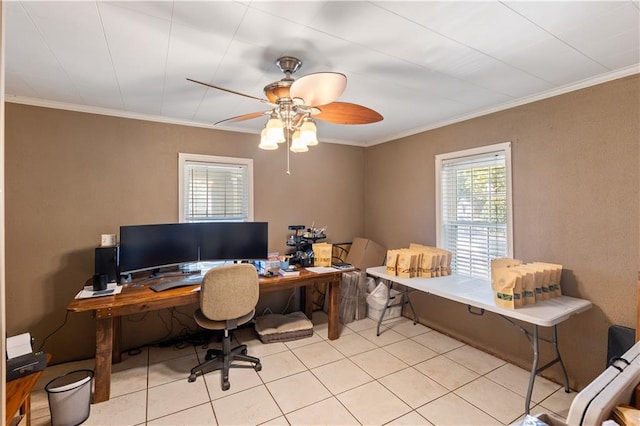 office space with ornamental molding, light tile patterned flooring, and ceiling fan