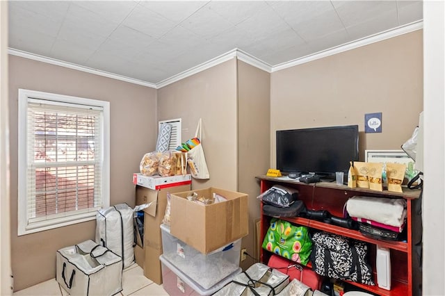 playroom featuring crown molding and light tile patterned floors