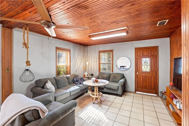 tiled living room featuring wood ceiling and ceiling fan