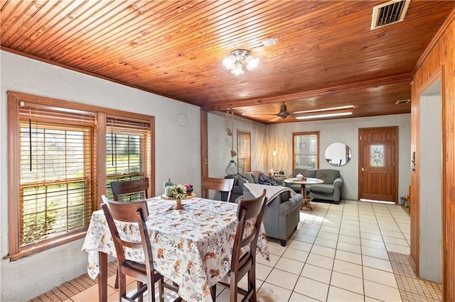 dining area with light tile patterned flooring, wooden ceiling, and ceiling fan