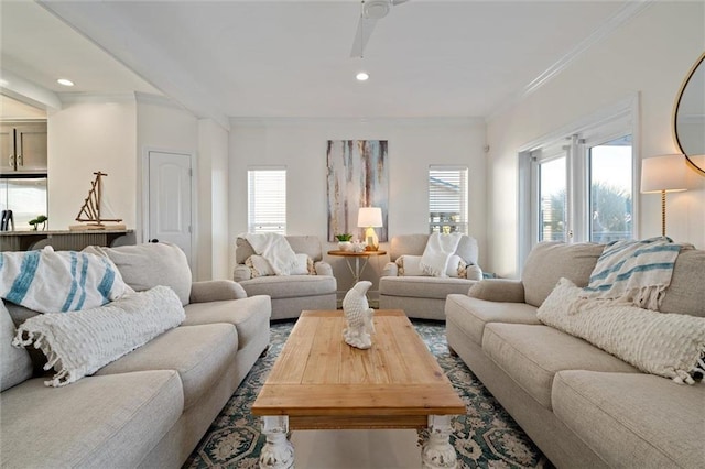 living room with ceiling fan and ornamental molding