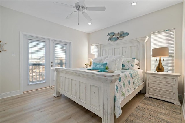 bedroom featuring ceiling fan, access to exterior, and light hardwood / wood-style flooring