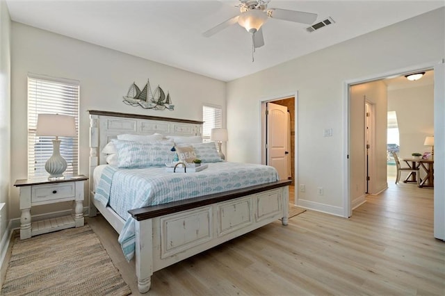 bedroom featuring light hardwood / wood-style floors and ceiling fan