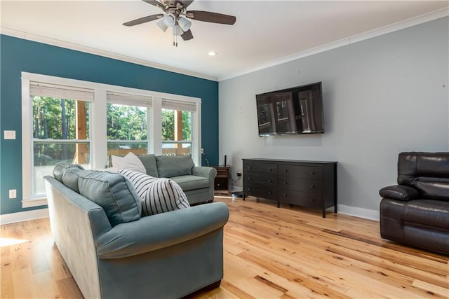 living room featuring light hardwood / wood-style floors, ornamental molding, and ceiling fan