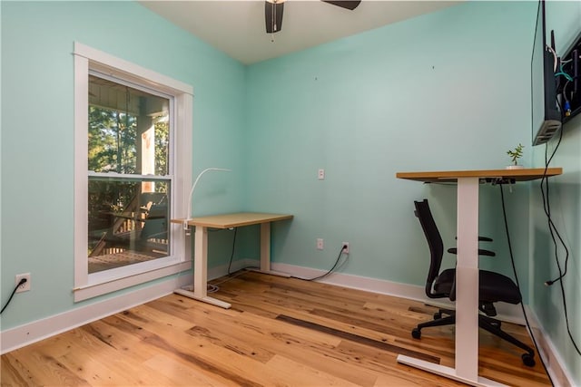 office area with ceiling fan and wood-type flooring