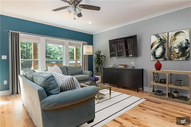 living room featuring light hardwood / wood-style floors, crown molding, and ceiling fan