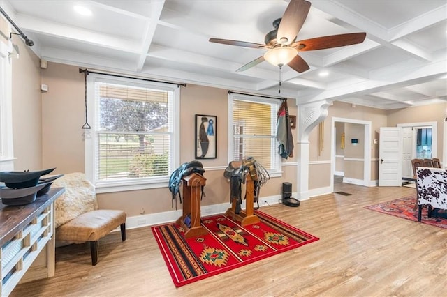 workout room featuring recessed lighting, wood finished floors, coffered ceiling, baseboards, and a ceiling fan
