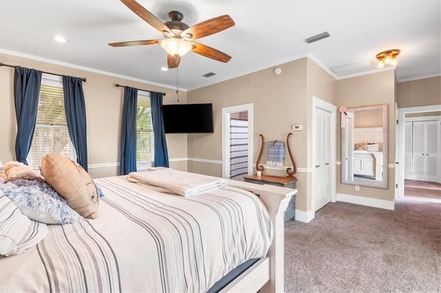 bedroom with carpet, baseboards, visible vents, a ceiling fan, and crown molding