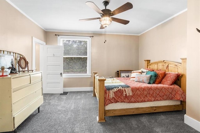 bedroom featuring baseboards, a ceiling fan, carpet floors, and crown molding
